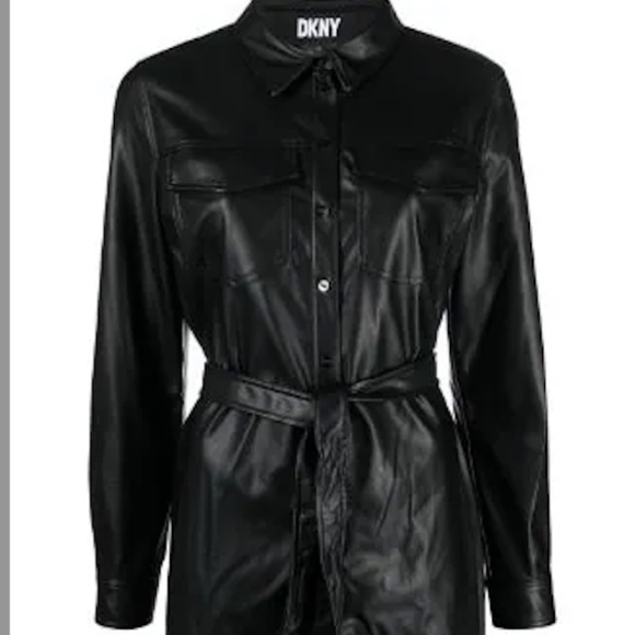 NWT_DKNY Long Sleeve Faux Leather Shirtdress  Snap-Closure Belted Medium - Picture 6 of 16
